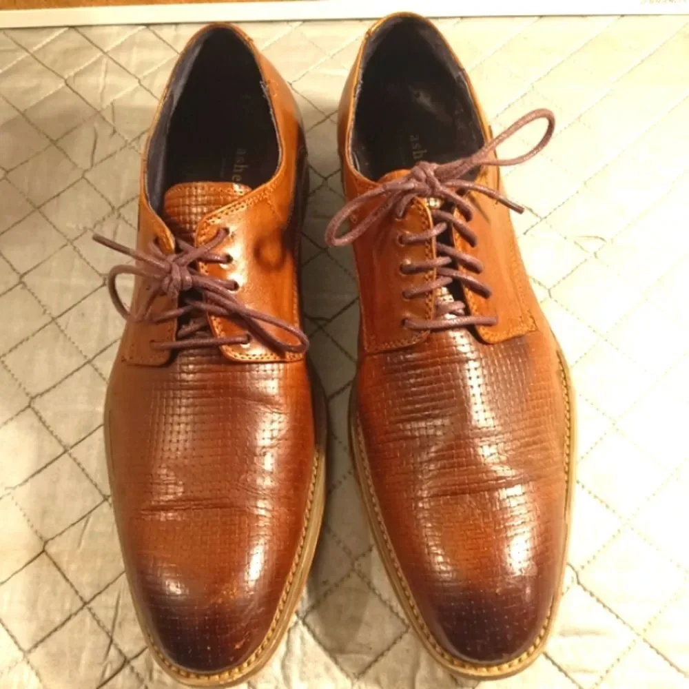 Asher Green Mens Textured Brown Genuine Leather Oxford Tie Up Shoes Sz 8